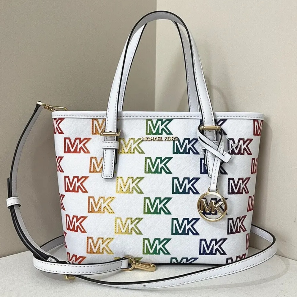 New Michael Kors Jet Set Travel X-Small Top Zip Tote Pride Optic White